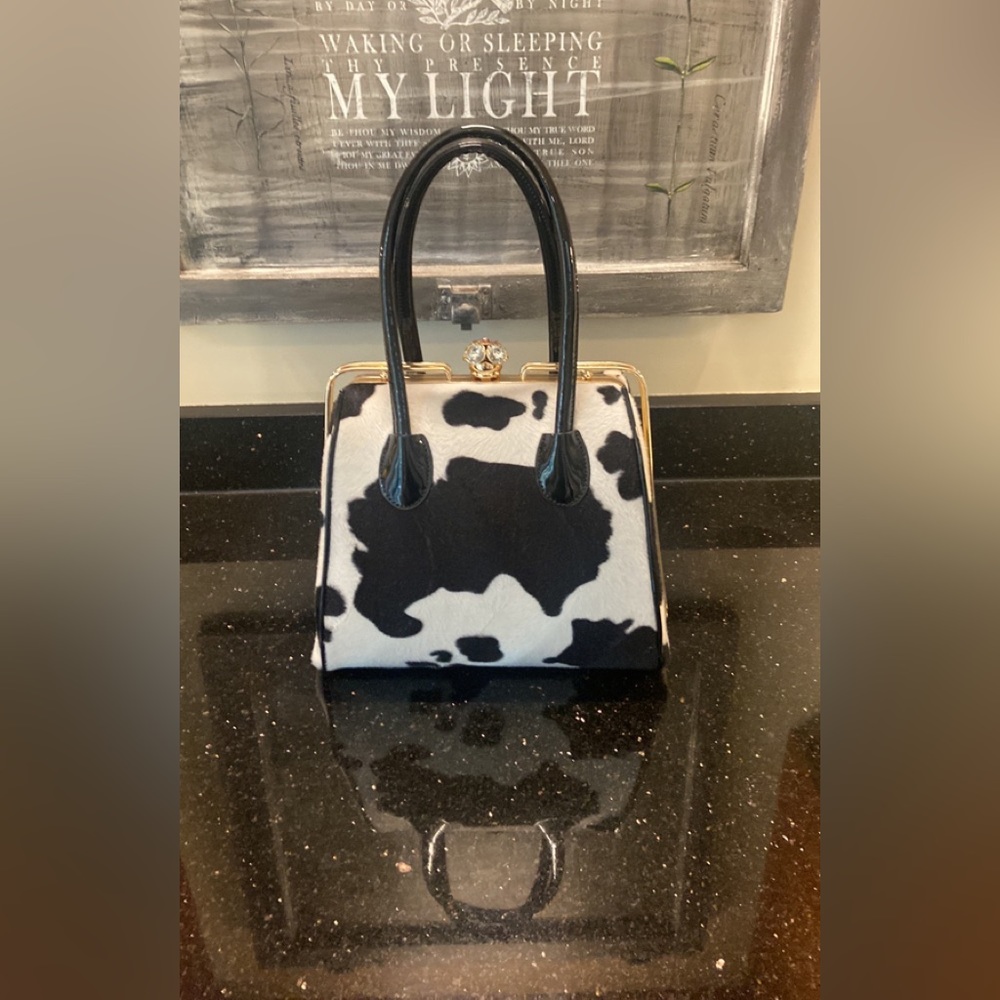 Faux cow print embellished satchel handbag